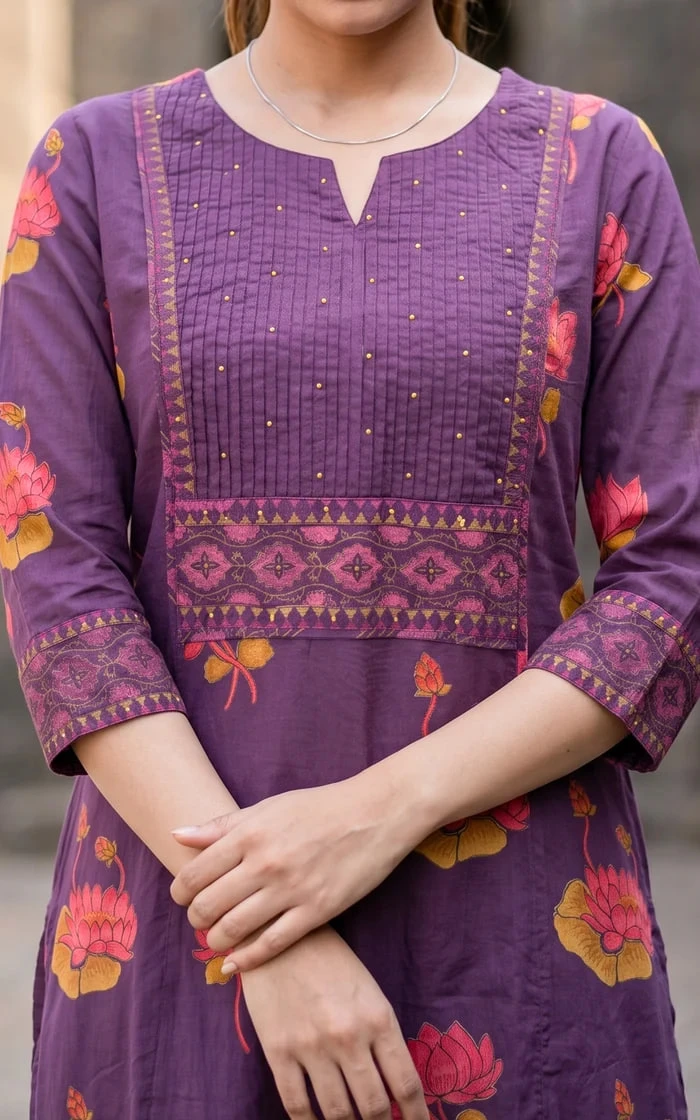 Purple Straight cut Kurta set with Lotus Floral Print